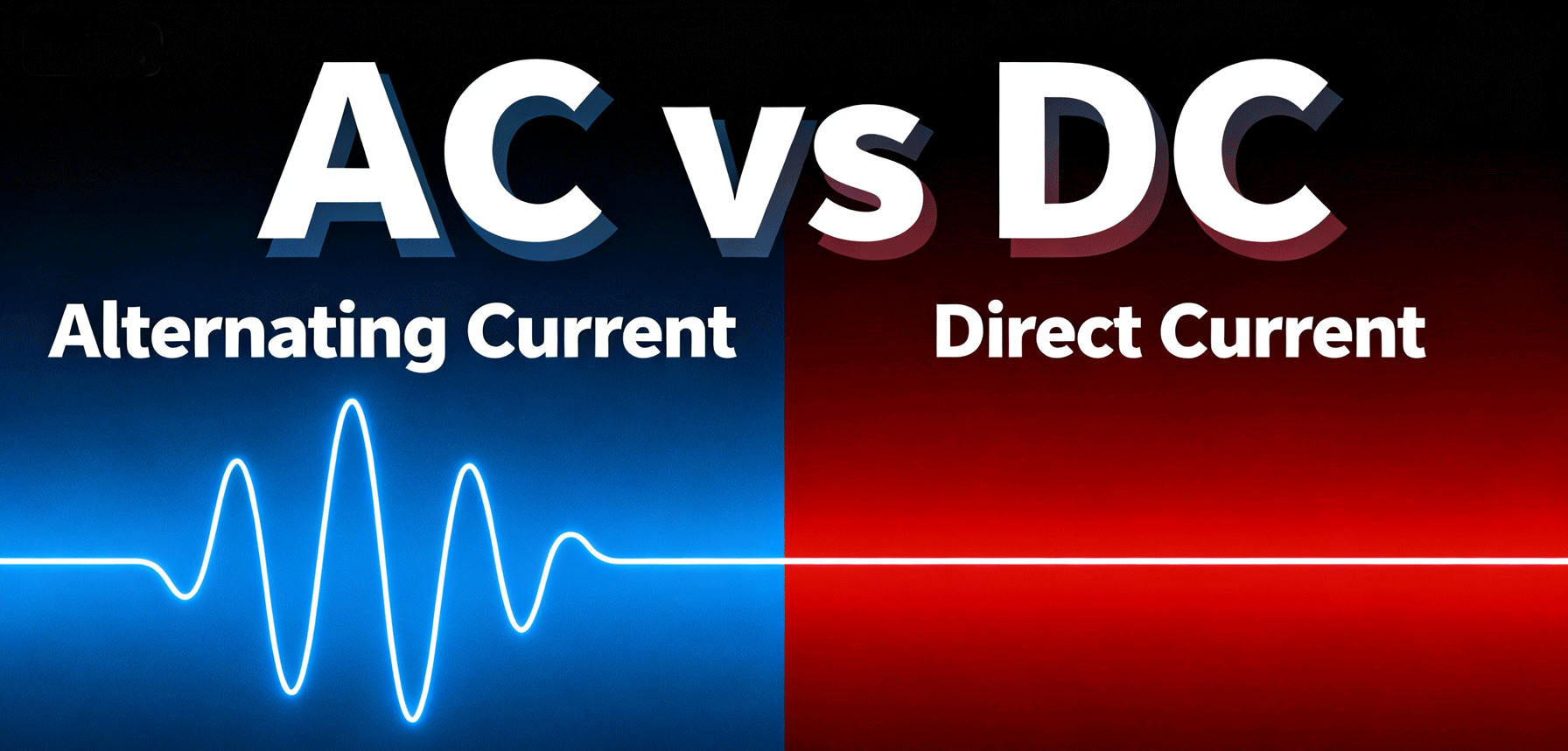 jimeng-2025-10-24-6658-现代科技封面设计风格，交流电和直流电对比的文章封面图。画面采用分屏设计,左侧为交..